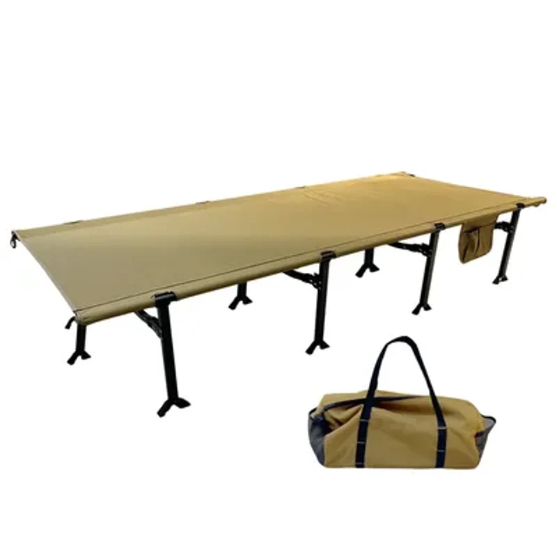 Unbranded supplier listing photo of a folding camping cot; sample and exact variant are not verified