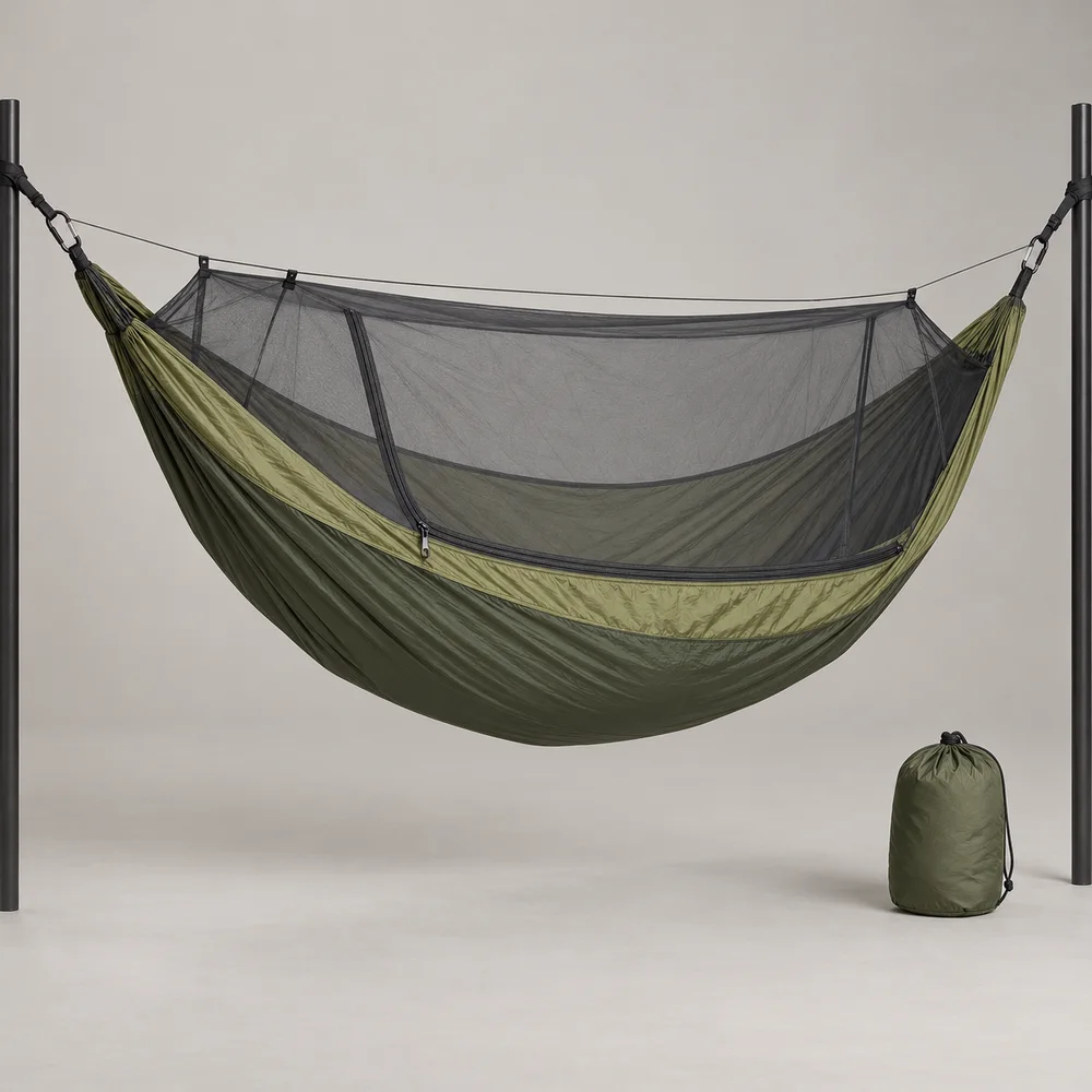 AI-generated concept illustration of a generic hammock with an insect net; not an actual supplier product image or approved sample